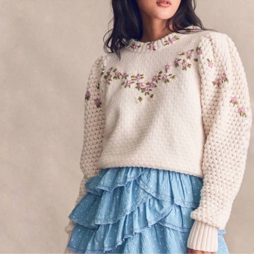 Loveshackfancy Cream Sweater With Pink Floral Embroidery